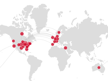 World map with markers indicating locations of collaborators